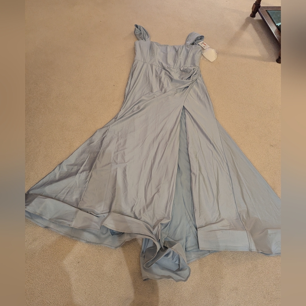 Off-the-Shoulder Corset Stretch Satin Mermaid Dress with Slight Train in Mist - Picture 2 of 16